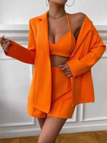 SHEIN Essnce 西裝領單釦西裝外套&吊帶背心和短褲 - 橘色 - 查看 3