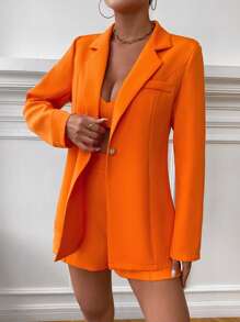 SHEIN Essnce 西裝領單釦西裝外套&吊帶背心和短褲 - 橘色 - 查看 6