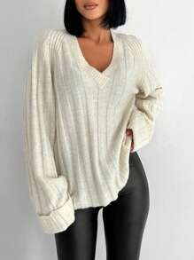 EURMUSE Solid Raglan Sleeve V Neck Ribbed Knit Sweater - Apricot - View 1