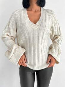 EURMUSE Solid Raglan Sleeve V Neck Ribbed Knit Sweater - Apricot - View 4