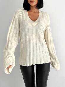 EURMUSE Solid Raglan Sleeve V Neck Ribbed Knit Sweater - Apricot - View 2