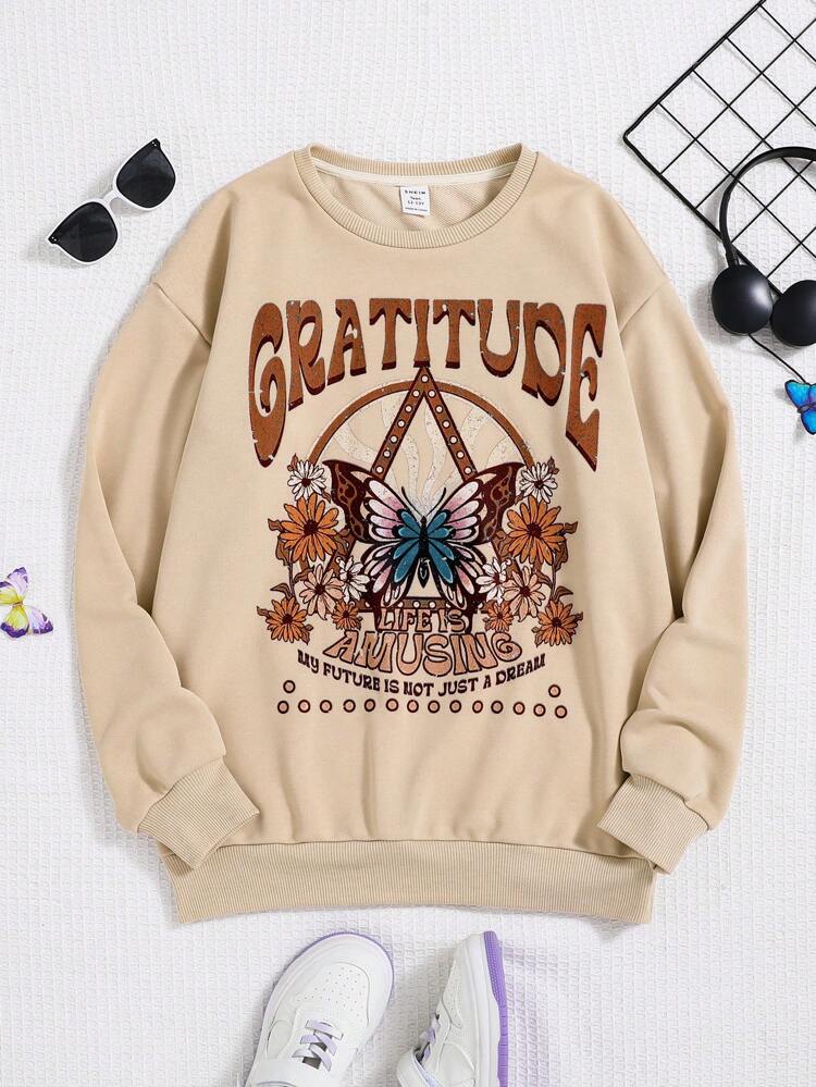 Teen Girl Butterfly & Letter Graphic Drop Shoulder Pullover