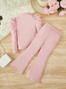 SHEIN Leap Crew 年轻女孩立领羊腿袖 T 恤和喇叭裤 女童喇叭裤套装 女童针织套装 女童针织套装 - 淺粉色 - 查看 2