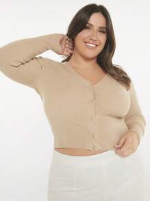 SHEIN BASICS 大碼前紐扣條紋針織開襟衫 - 卡其色 - 查看 6