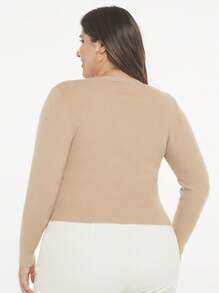 SHEIN BASICS 大碼前紐扣條紋針織開襟衫 - 卡其色 - 查看 2
