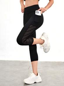 Cheerettes Marled Mid-Calf Length Yoga Leggings Mesh Insert Wide Waistband Sports Leggings With Phone Pocket