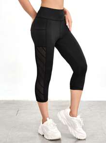 Cheerettes Marled Mid-Calf Length Yoga Leggings Mesh Insert Wide Waistband Sports Leggings With Phone Pocket