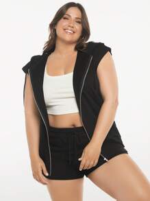 SHEIN BASICS Talla grande Sudadera Chaleco con cremallera con capucha - Negro - Ver 5