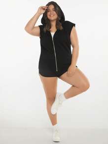 SHEIN BASICS Talla grande Sudadera Chaleco con cremallera con capucha - Negro - Ver 3