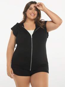 SHEIN BASICS Talla grande Sudadera Chaleco con cremallera con capucha - Negro - Ver 4