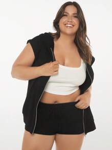 SHEIN BASICS Talla grande Sudadera Chaleco con cremallera con capucha - Negro - Ver 7