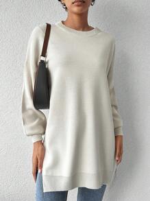 SHEIN Cottnline Drop Shoulder Split Hem Sweater - Beige - View 1