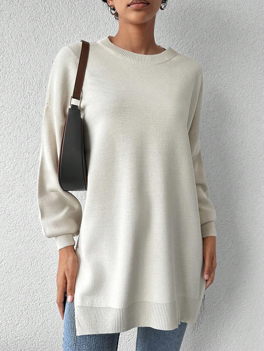 SHEIN Cottnline Drop Shoulder Split Hem Sweater - Beige - View 1
