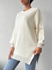 SHEIN Cottnline Drop Shoulder Split Hem Sweater - Beige - View 2