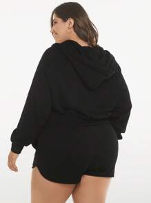 SHEIN BASICS 加大码毛圈绒拉链抽绳卫衣 - 黑色 - 查看 2