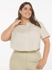 SHEIN BASICS 大碼素色前紐扣襯衫 - 米色 - 查看 1