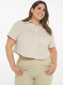 SHEIN BASICS 大碼素色前紐扣襯衫 - 米色 - 查看 4