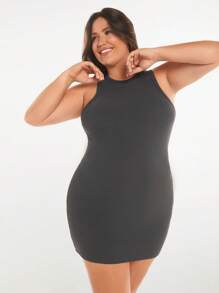 SHEIN BASICS Vestido De Tirantes Sólido De Talla Grande - Gris Oscuro - Ver 4