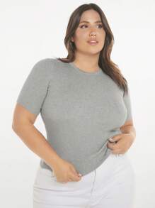 SHEIN BASICS Plus Solid Knit Top - Light Grey - View 1