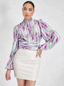 BizChic 女士紫色全印花立领后褶饰灯笼袖办公室衬衫，长袖 - 彩色 - 查看 5