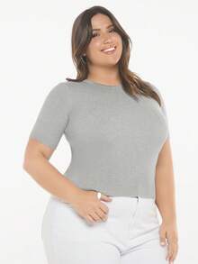 SHEIN BASICS Plus Solid Knit Top - Light Grey - View 5