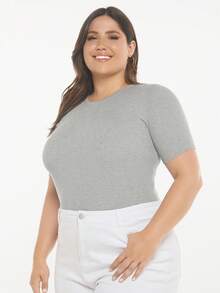 SHEIN BASICS Plus Solid Knit Top - Light Grey - View 6