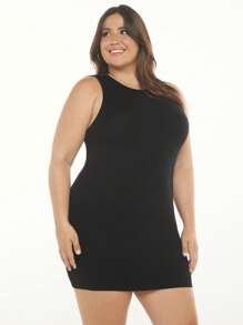 SHEIN BASICS 大碼素色緊身毛衣裙 - 黑色 - 查看 3