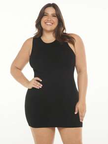 SHEIN BASICS 大碼素色緊身毛衣裙 - 黑色 - 查看 4