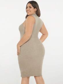 SHEIN BASICS Plus Mock Neck Bodycon Jumper Dress - Khaki - View 3