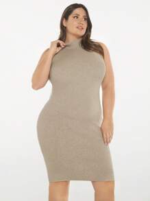 SHEIN BASICS Plus Mock Neck Bodycon Jumper Dress - Khaki - View 5