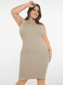 SHEIN BASICS Plus Mock Neck Bodycon Jumper Dress - Khaki - View 2