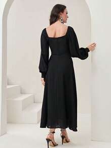 Modelyn 印花方領燈籠袖洋裝 - 黑色 - 查看 2