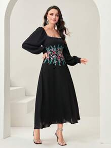 Modelyn 印花方領燈籠袖洋裝 - 黑色 - 查看 5