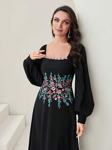 Modelyn 印花方領燈籠袖洋裝 - 黑色 - 查看 6