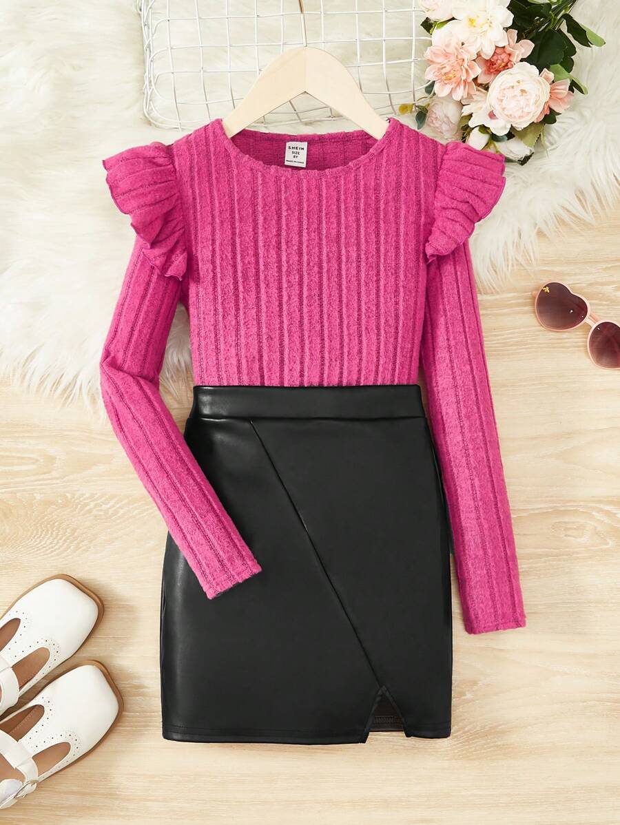 SHEIN Bộ áo len cổ tròn tay dài tay và chân váy giả da cho bé gái tuổi mới lớn - Nhiều màu - Xem 1