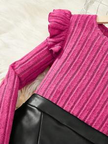 SHEIN Bộ áo len cổ tròn tay dài tay và chân váy giả da cho bé gái tuổi mới lớn - Nhiều màu - Xem 3