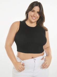 SHEIN BASICS Plus Solid Crop Knit Top - Black - View 7