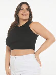 SHEIN BASICS Plus Solid Crop Knit Top - Black - View 4