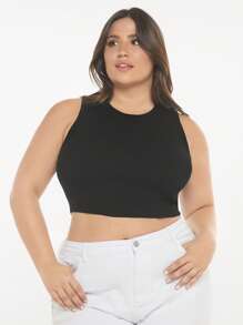 SHEIN BASICS Plus Solid Crop Knit Top - Black - View 6