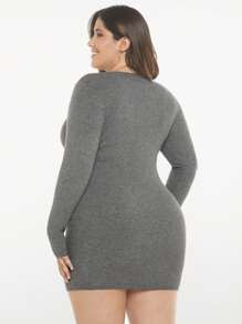 SHEIN BASICS Plus Solid Ribbed Knit Bodycon Jumper Dress - Grey - View 2