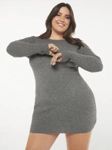 SHEIN BASICS Plus Solid Ribbed Knit Bodycon Jumper Dress - Grey - View 3