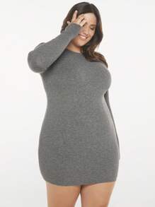 SHEIN BASICS Plus Solid Ribbed Knit Bodycon Jumper Dress - Grey - View 4