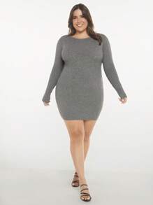 SHEIN BASICS Plus Solid Ribbed Knit Bodycon Jumper Dress - Grey - View 5