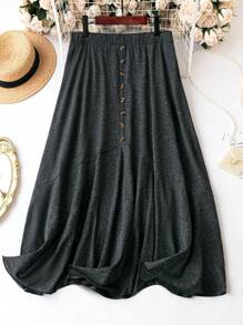 SHEIN LUNE Plus Button Detail Flare Hem Skirt - Dark Grey - View 1