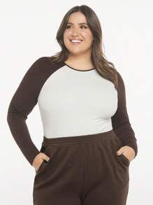 SHEIN BASICS Plus Two Tone Raglan Sleeve Bodysuit - Multicolor - View 6