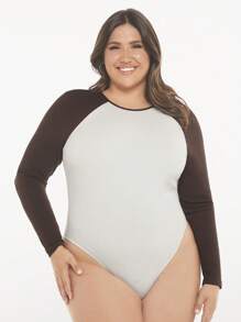 SHEIN BASICS Plus Two Tone Raglan Sleeve Bodysuit - Multicolor - View 7