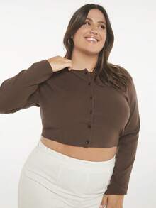 SHEIN BASICS 大碼前紐扣短款開衫 - 咖啡棕 - 查看 5