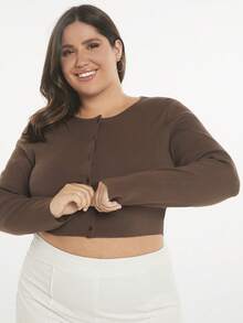 SHEIN BASICS 大碼前紐扣短款開衫 - 咖啡棕 - 查看 7