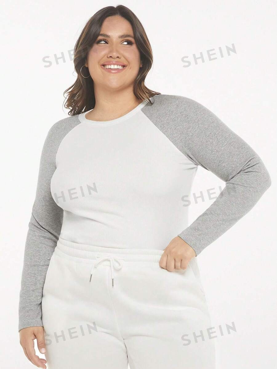 SHEIN BASICS Talla grande Camiseta de color combinado de manga raglán - Blanco - Ver 1