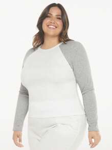 SHEIN BASICS Talla grande Camiseta de color combinado de manga raglán - Blanco - Ver 4